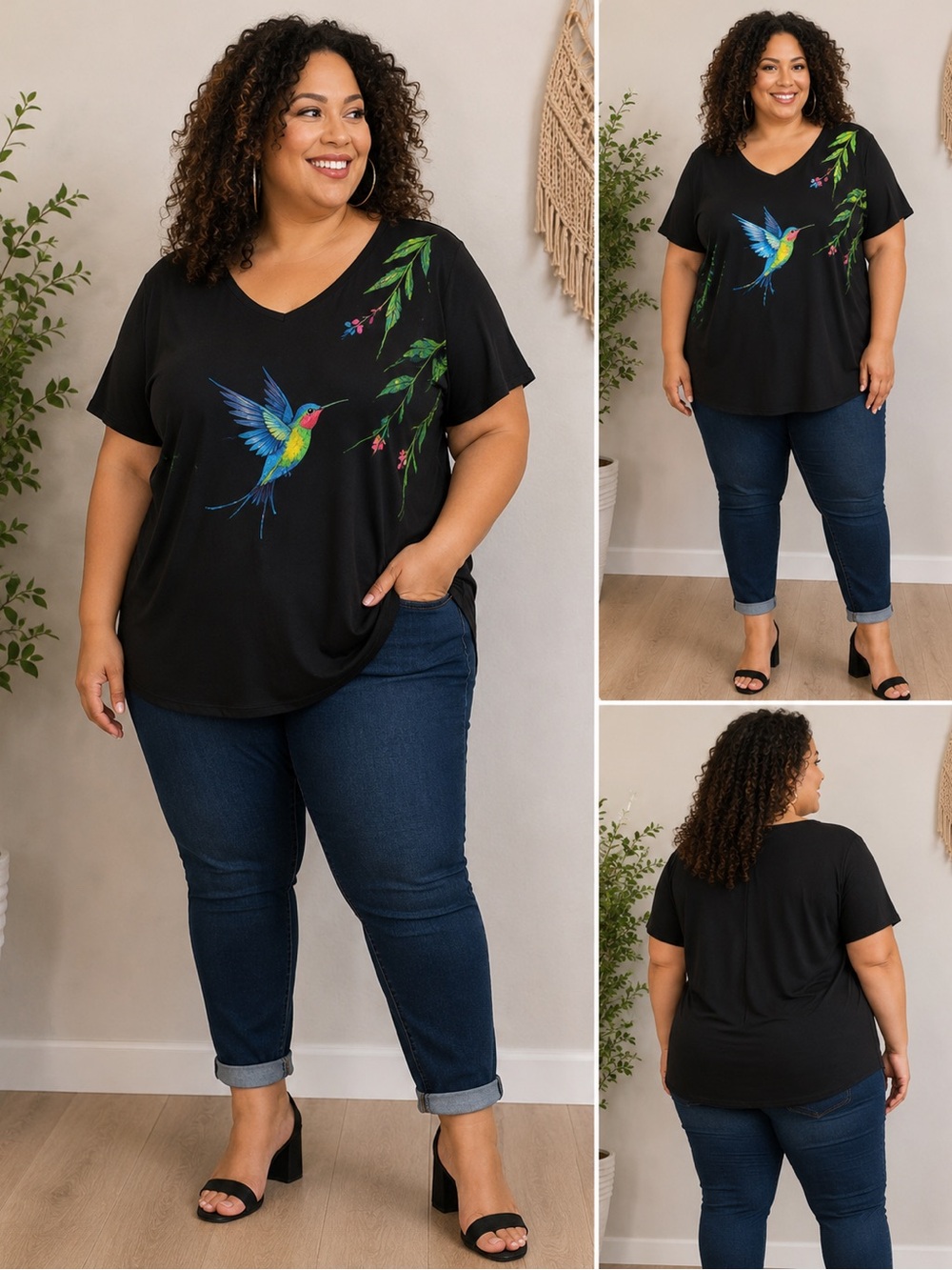 Catherine’s 3X Black Hummingbird V-Neck Top